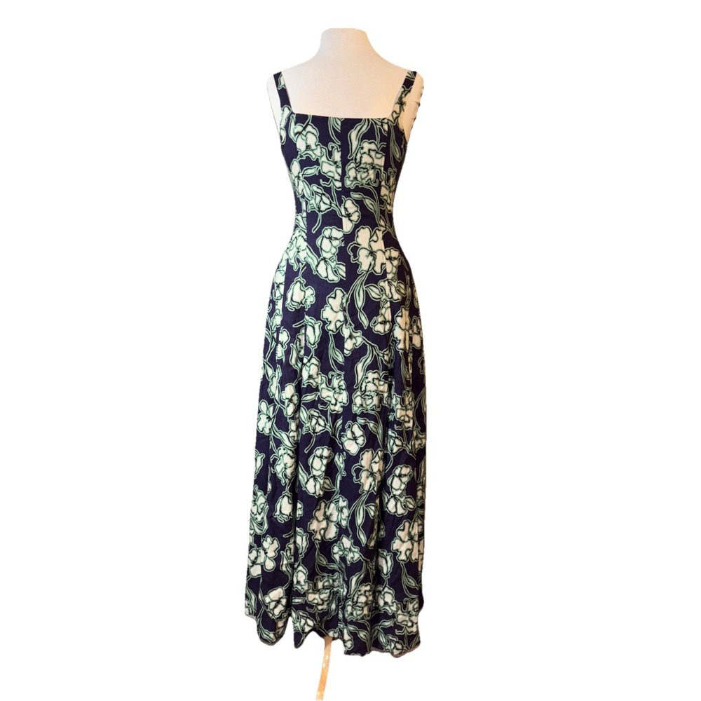 NICHOLAS Linen Blend Diana Navy Floral‎ Square Neck Straps Maxi Dress Size US 4
